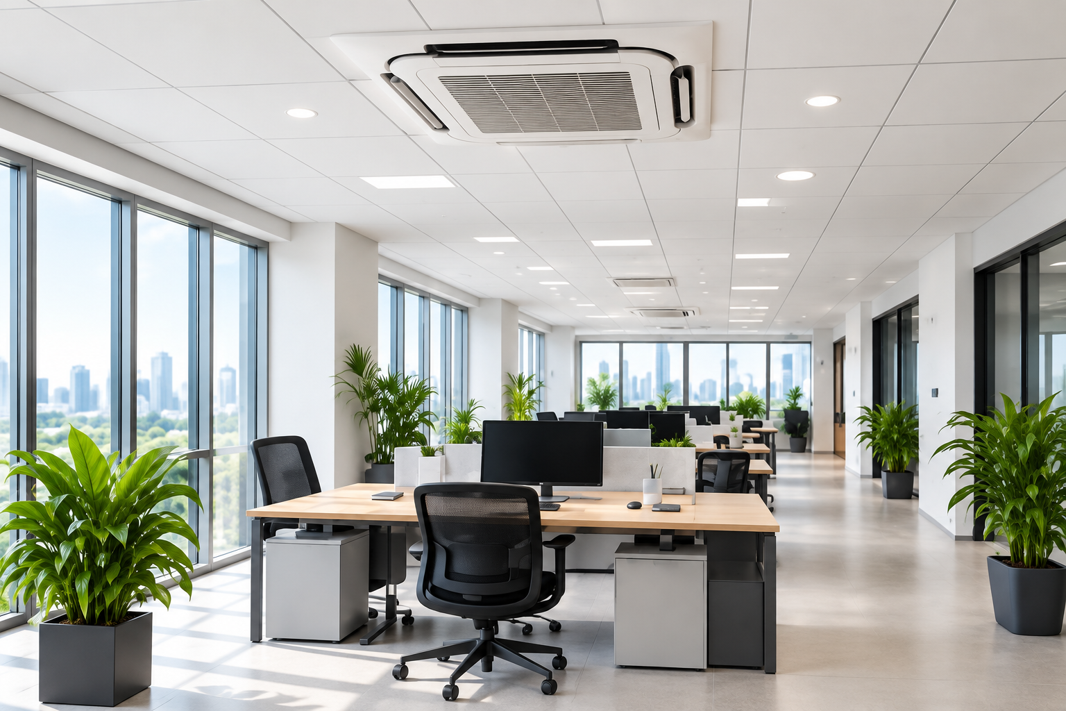 Escritório Moderno com Plantas e Luz Natural